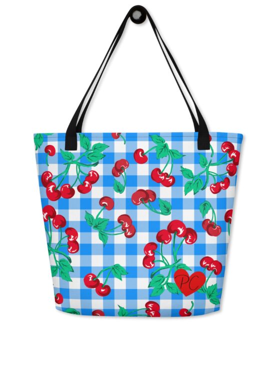 Bethany Cherry Girl Blue Gingham Print Oversized Tote Bag | Pinup Couture Relaxed