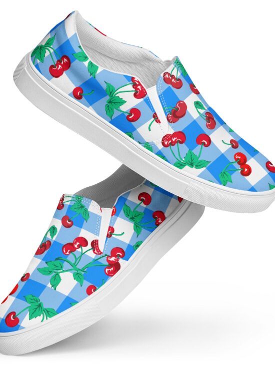 Blue Gingham Cherry Girl Women's Canvas Slip-On Deck Shoes | Pinup Couture Relaxed